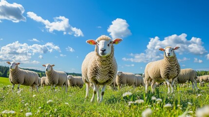 Fototapeta premium Large herd of sheep peacefully grazing on lush green field under a bright blue sky. Flock of sheep