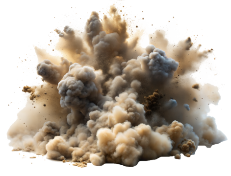 dirt cloud explode smoke cloud cut out. Isolated on Transparent background. Copy space.