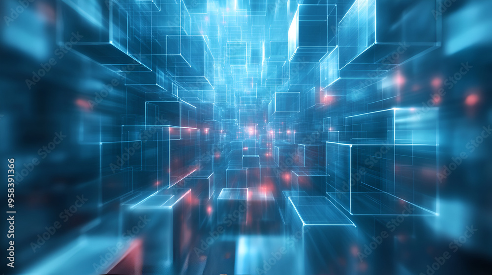 Aufkleber abstract 3d digital blocks creating a dynamic perspective view through a glowing data tunnel at nigh