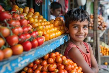 A young boy smiles warmly while standing beside a colorful display of red and yellow tomatoes at a local market