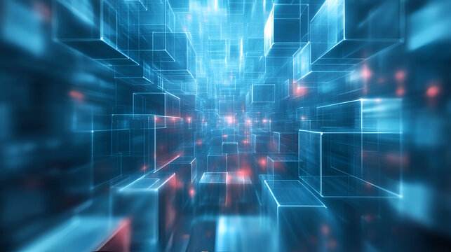 Abstract 3D digital blocks creating a dynamic perspective view through a glowing data tunnel at night