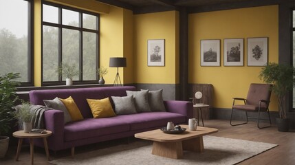 Fototapeta premium An Interior living room wall mockup with a purple fabric sofa and decor on a yellow background.