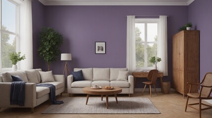 Friendly interior style. living room. Photo frame on wall. Poster mockup.