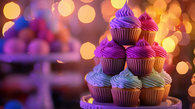 A stack of colorful cupcakes with frosting on top