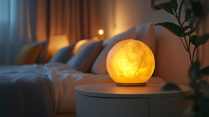 A salt lamp on the nightstand of an elegant bedroom