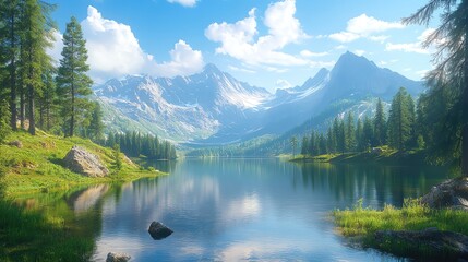 Fototapeta premium Breathtaking landscape featuring a serene lake surrounded by majestic mountains and lush greenery under a clear blue sky.