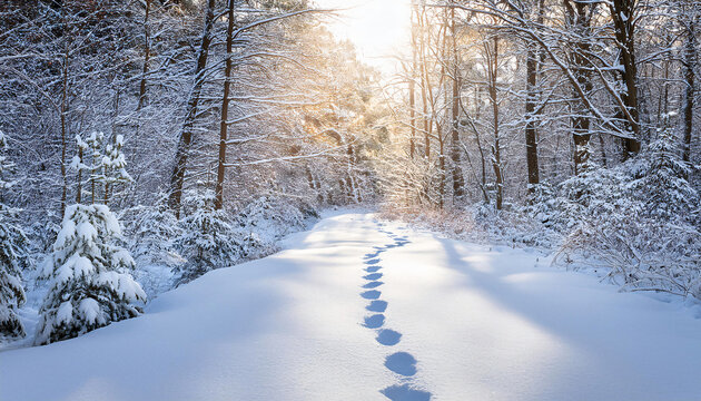 Traces in the Snow: Gentle Footprints Leading Through a Snow-Covered Forest Path - Serene Winter Wilderness Background