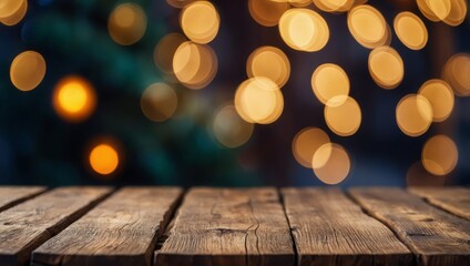  Empty wooden table over defocused Christmas background with copy space 