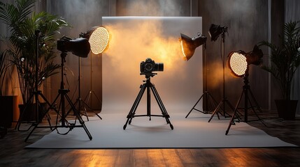 Photo studio, tripods, professional e-commerce product photography setup with lighting, camera and background.