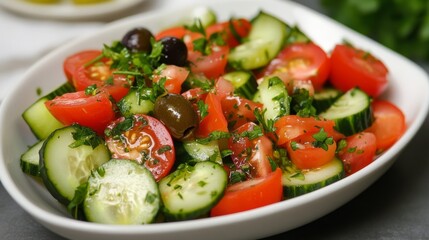 Cucumber, tomato, olive salad: a veggie feast