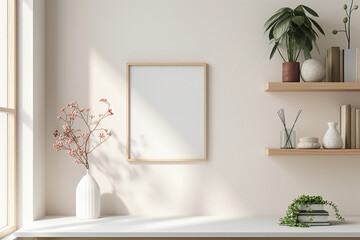 Minimalist home office interior with blank canvas frame mockup on the wall
