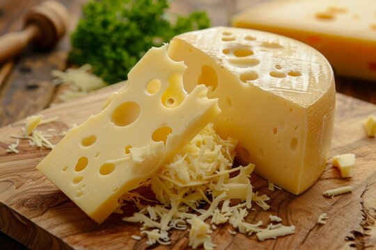 Delicious block of swiss cheese with shavings on a wooden board
