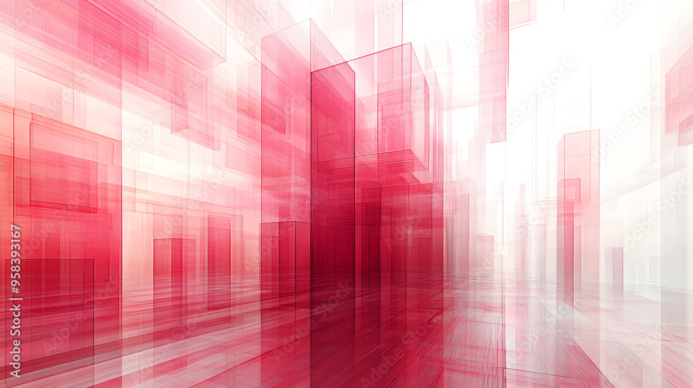 Wall mural abstract composition of translucent red and white structures in a futuristic digital space