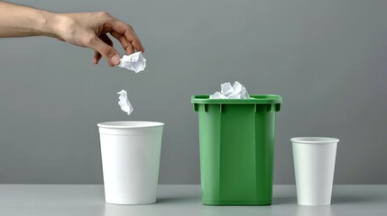 A hand tossing crumpled paper into a green recycling bin. The scene features two white paper cups alongside. This image highlights waste management and recycling practices. AI