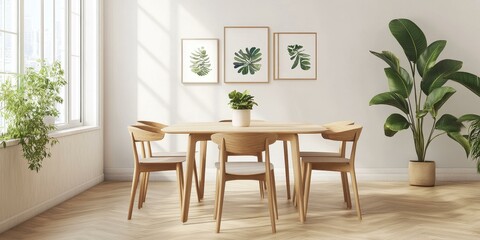 Wooden dining table and chairs with plant decor.