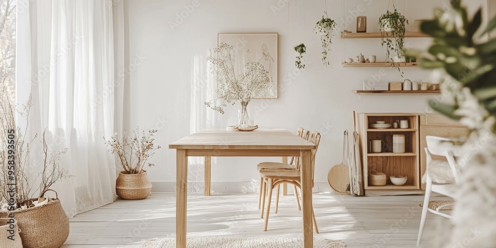 Wall mural wooden table and chairs in a bright, airy room.