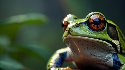Fototapeta premium Frog nestled in the roots of a waterlogged tree, showcasing its adaptability