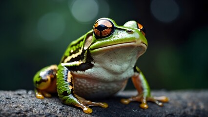 Frog perched on a branch, surrounded by the lush greenery of its habitat