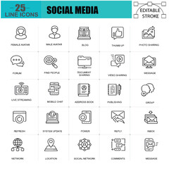 Set of thin-line social network and internet marketing icons for mobile and online applications. includes icons for chat, forums, and avatars. Pixel-perfect 48 x 48.