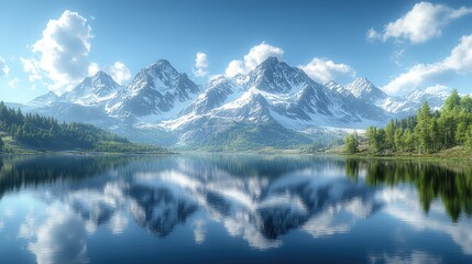 Fototapeta premium Breathtaking mountain landscape reflecting on serene lake under a clear blue sky with fluffy clouds.