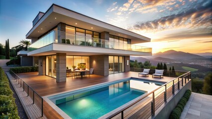 Luxurious house with a pool and a balcony overlooking the landscape, luxury, architecture, real estate, modern