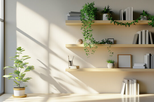 Office interior backdrop for online meetings. Light home office setting bookshelves background. Minimalist online workspace aesthetics. Video conferencing room design in pastel tones.