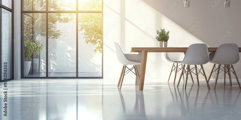 Poster white chairs, wooden table, large window, sunlight.