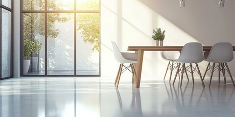 White chairs, wooden table,  large window, sunlight.