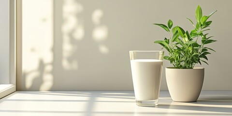 Glass of milk and potted plant on windowsill.