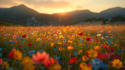 Obraz premium a beautiful landscape of a field of wildflowers at sunset. The field is filled with a variety of colourful flowers in shades of red, orange, yellow, and blue.