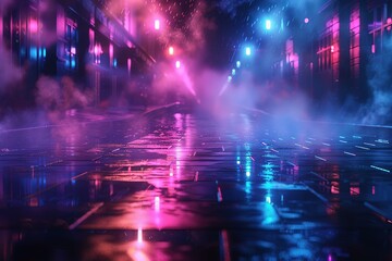 Fototapeta premium Empty background scene. Dark street reflection on the wet pavement. Rays neon light in the dark, neon figures, smoke. Night view of the street, the city. Abstract dark background. Abstract spotlight