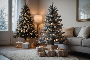Festive interior in gray and beige with a minimalistic Christmas tree