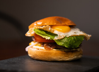 Cheese burger with bacon and egg on black background	
