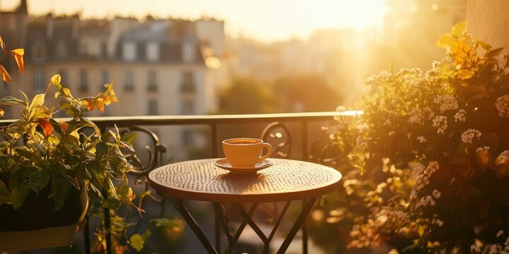 A coffee cup on a table on a sunny balcony.
