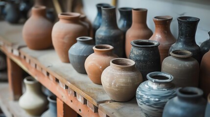 A collection of pottery on a shelf.