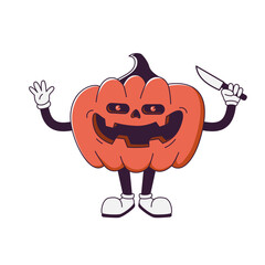 Cartoon vintage abstract halloween character evil pumpkin. Retro trendy comic mascot running pumpkin with legs and hands in gloves.