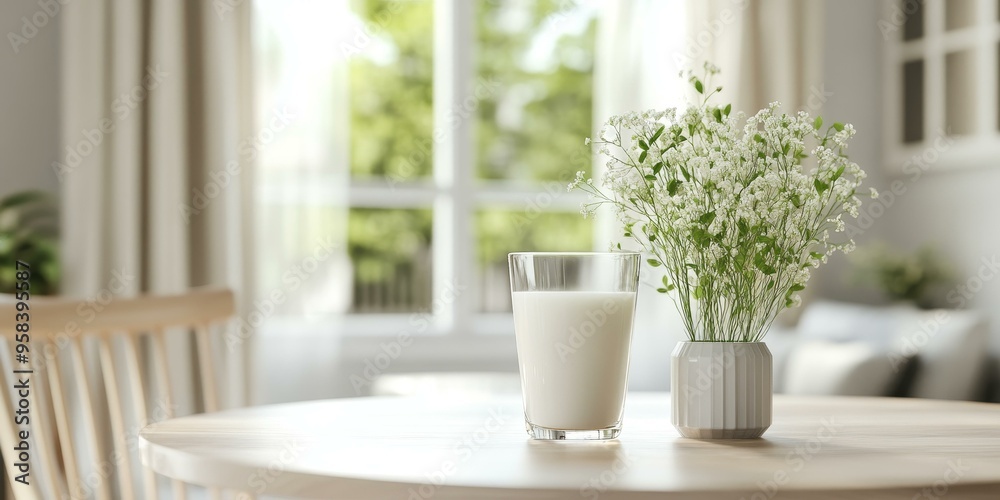 Canvas Prints Milk in glass, flowers in vase, wooden table.