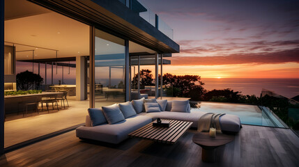 Fototapeta premium Sunset glow on a coastal residence,