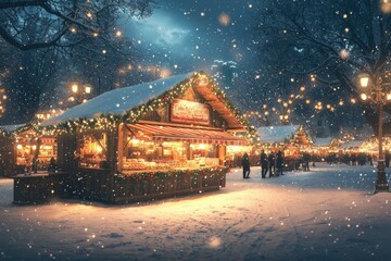 Snowy Night at a Christmas Market with Illuminated Wooden Booths