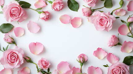 Zbliżenie na rozkwitające różowe róże, które leżą na białym stole. Płatki kwiatów są rozłożone w estetyczny sposób, tworząc wyrafinowaną kompozycję. 