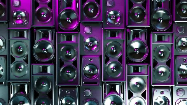 many different acoustic systems covering the entire wall in neon lighting, 3d animation