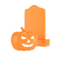 Glowing jack-o'-lantern pumpkin placed beside tombstone isolated on transparent background