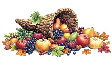 Cornucopia filled with autumn fruits and vegetables. AI generated image. Harvest and Thanksgiving