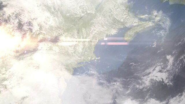 Earth zoom in from space and focus on Everett, Massachusetts, USA. Background for travel intro or blog. Satellite view. 3D style Animation. Images from NASA.