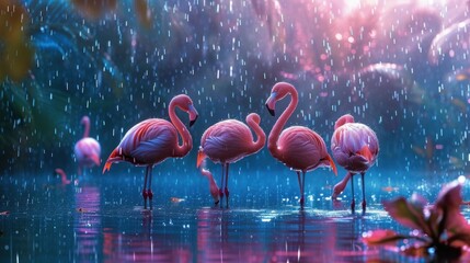 Birds Pink Flamingos Walk on the Lake at the Pink Sunset in Cyprus, Beautiful Romantic Concept