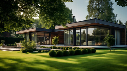 Sustainable architecture surrounded by flourishing lawns,