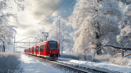 Red train travels in a valley covered by heavy snow in background on a sunny winter day