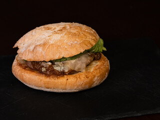 Cheese burger with bacon on black background