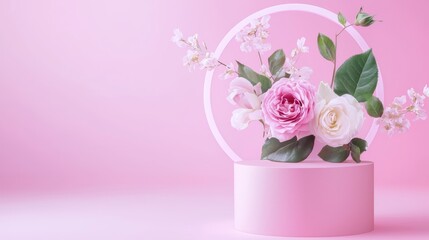 Obraz premium Delicate roses and green leaves suspended around a cylindrical pink podium, isolated on pink. Perfect for advertising feminine products or as a backdrop for bridal or beauty-related content.