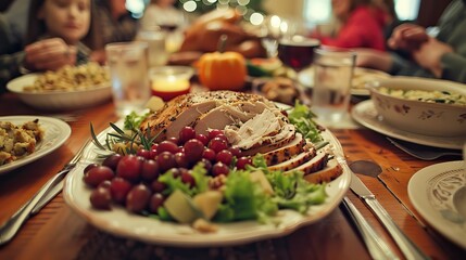 An overhead view of festive Thanksgiving plates filled with traditional dishes and seasonal decor. AI generated image Harvest Background